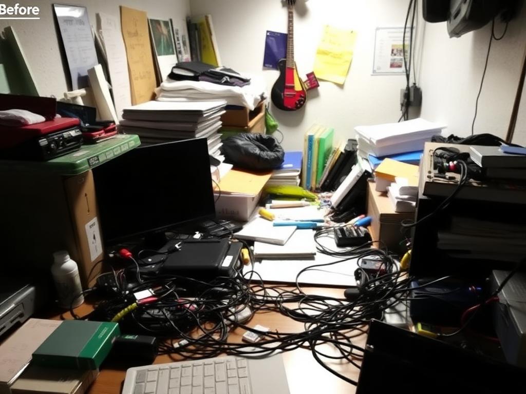 Cluttered desk before