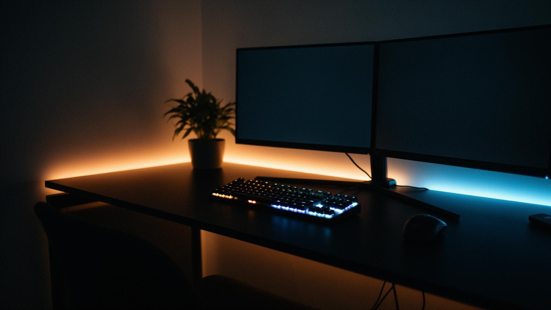 Ambient minimal desk at night
